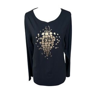 Escada Sport Womens XL Black Long Sleeve Top Gold Foil EE Rhinestone Logo Shirt